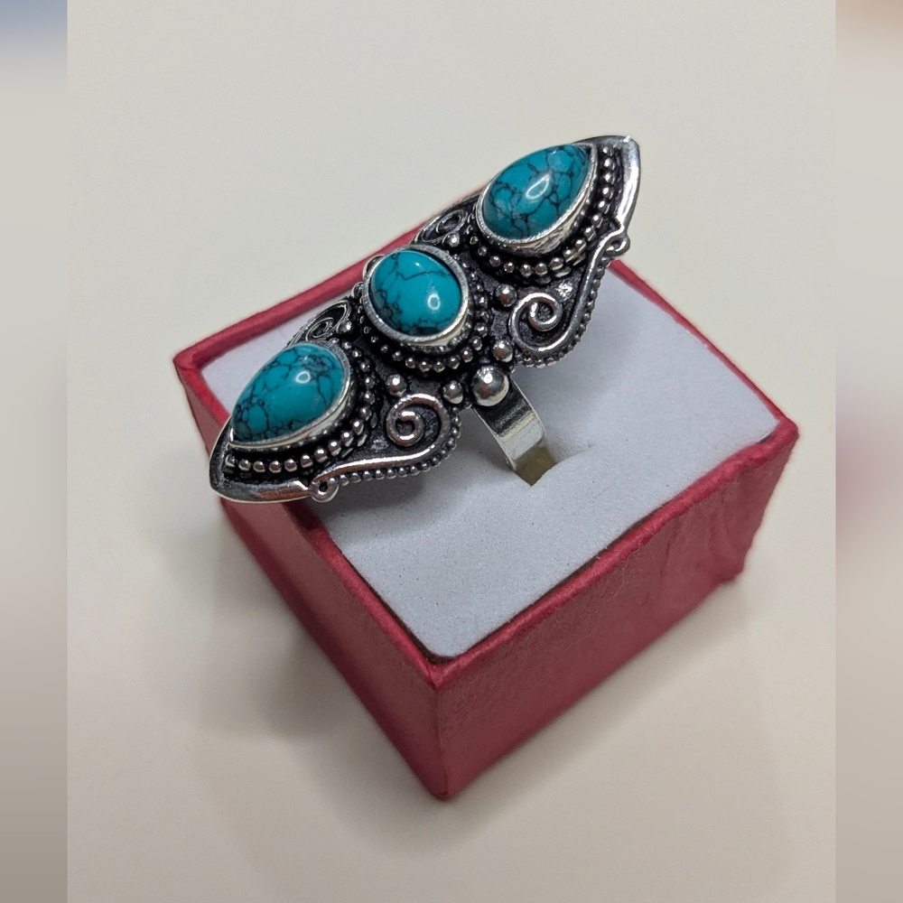 Ladies Handcrafted Majestic Triple Turquoise Long Finger Ring (Size 5.5)
